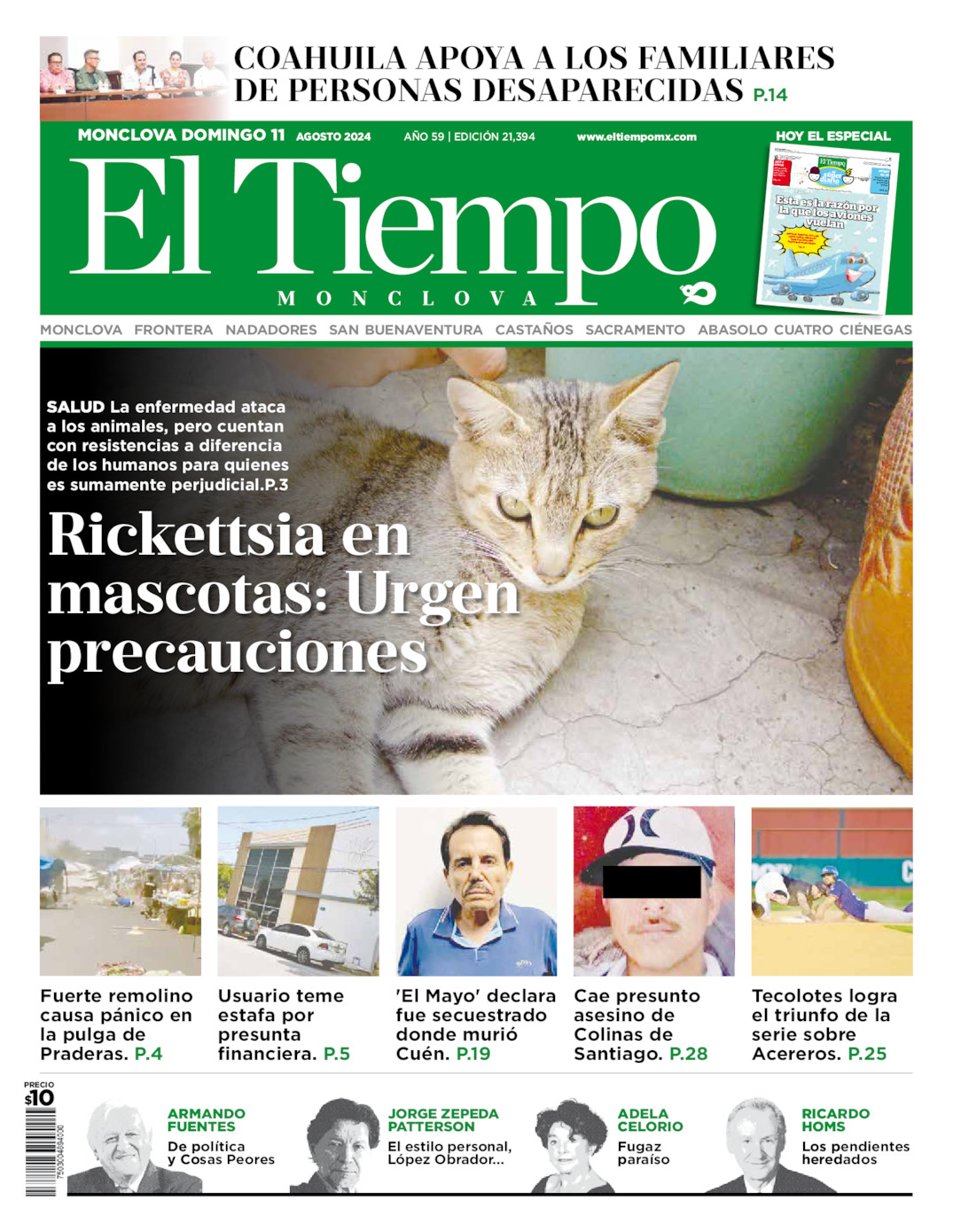 Portada del domingo 11 de agosto de 2024, periódico El Tiempo de Monclova