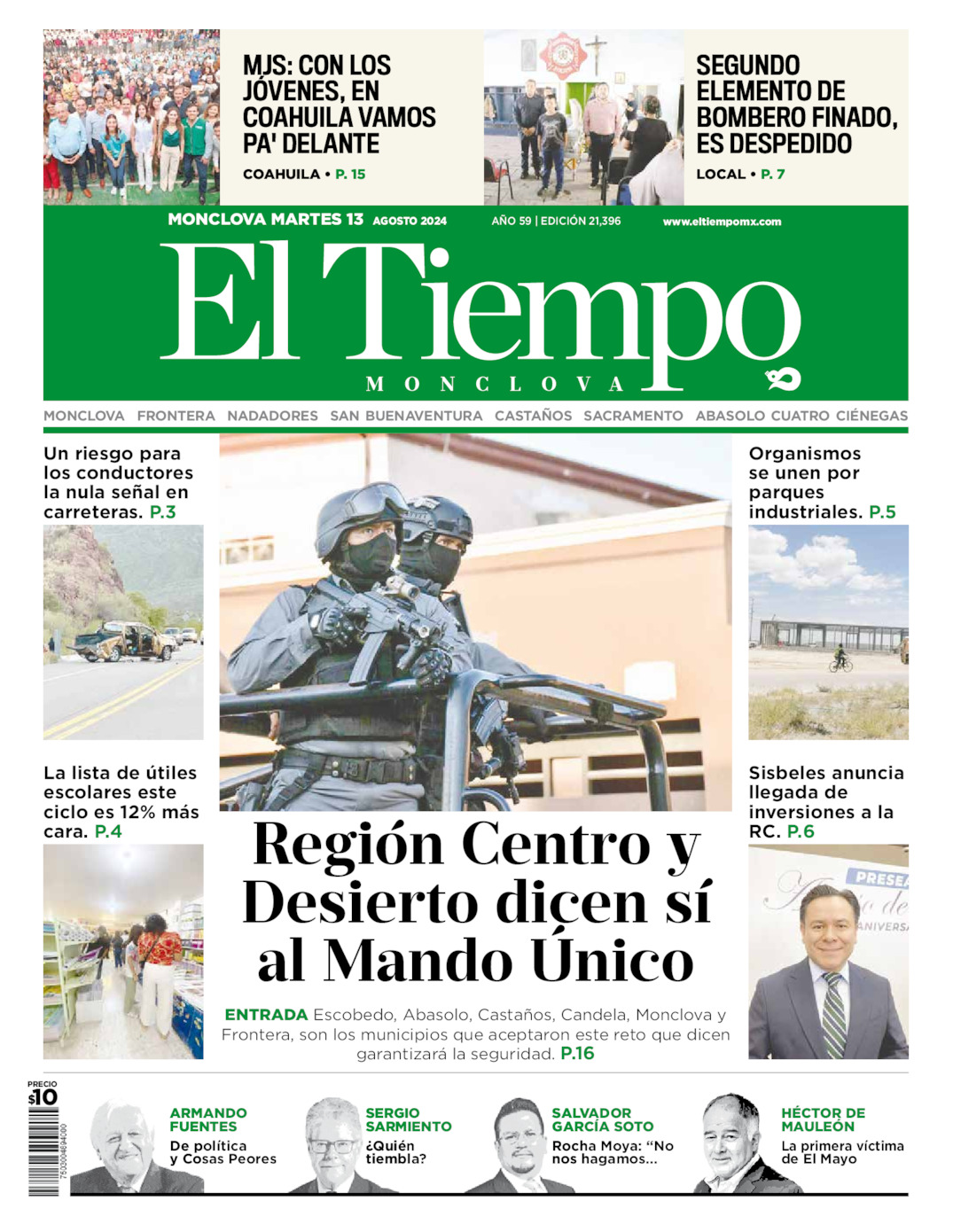 Portada del martes 13 de agosto de 2024, El Tiempo de Monclova