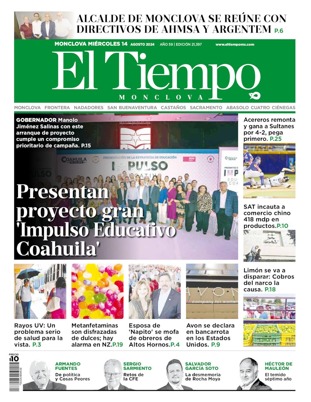 Portada del miércoles 14 de agosto de 2024, El Tiempo de Monclova