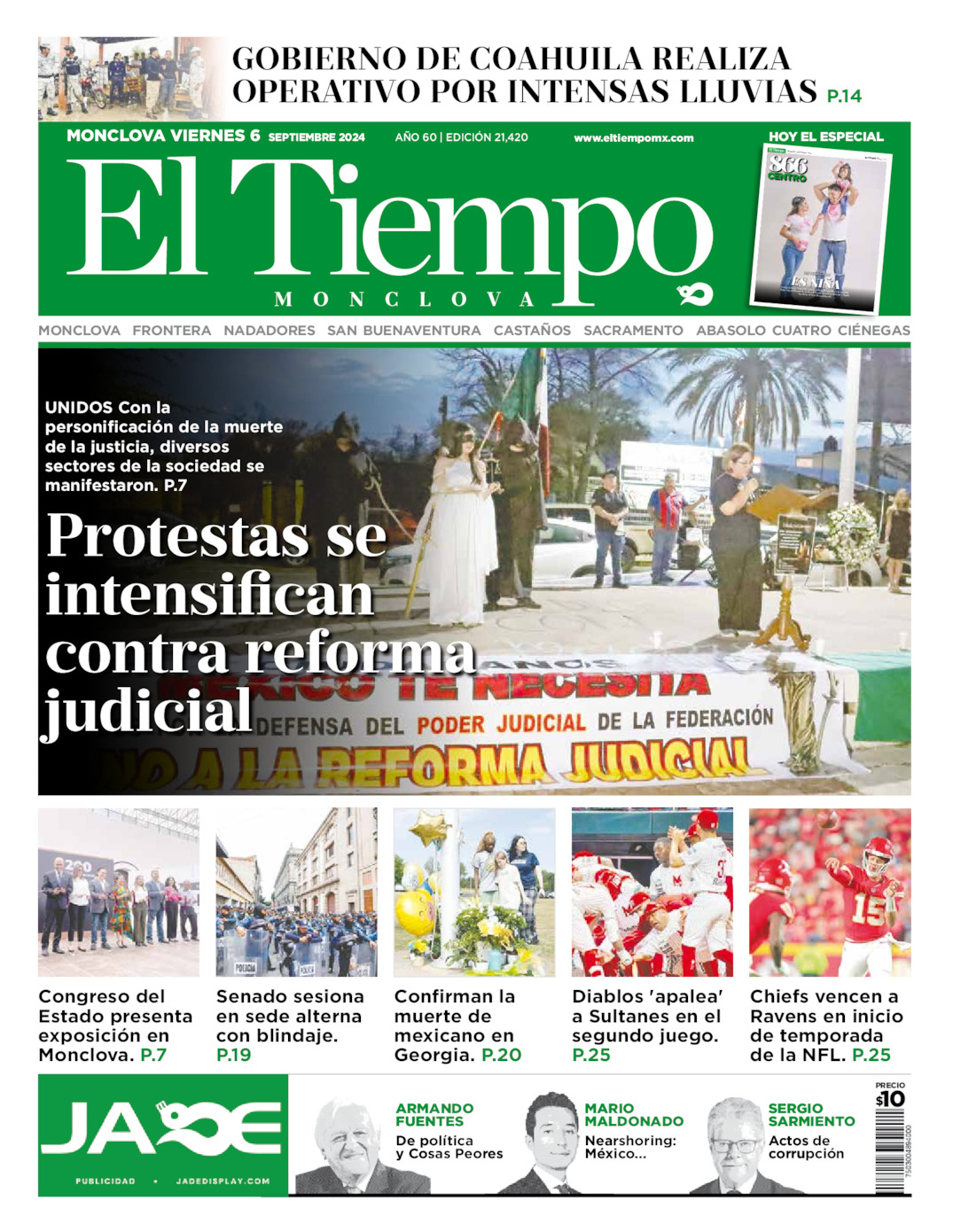 Edición impresa: Portada del viernes 06 de septiembre de 2024, El Tiempo de Monclova