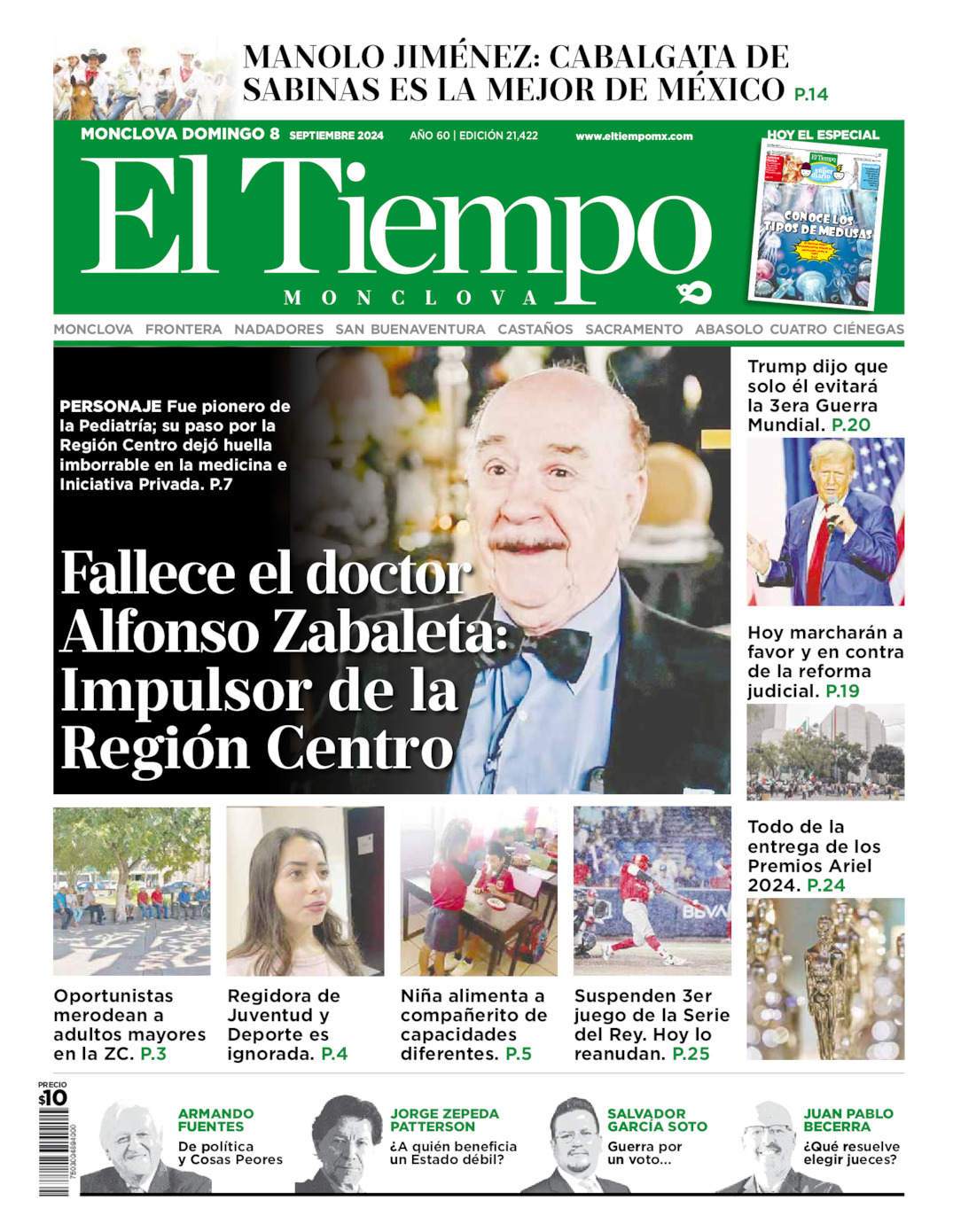 Edición impresa: Portada del domingo 08 de septiembre de 2024, El Tiempo de Monclova