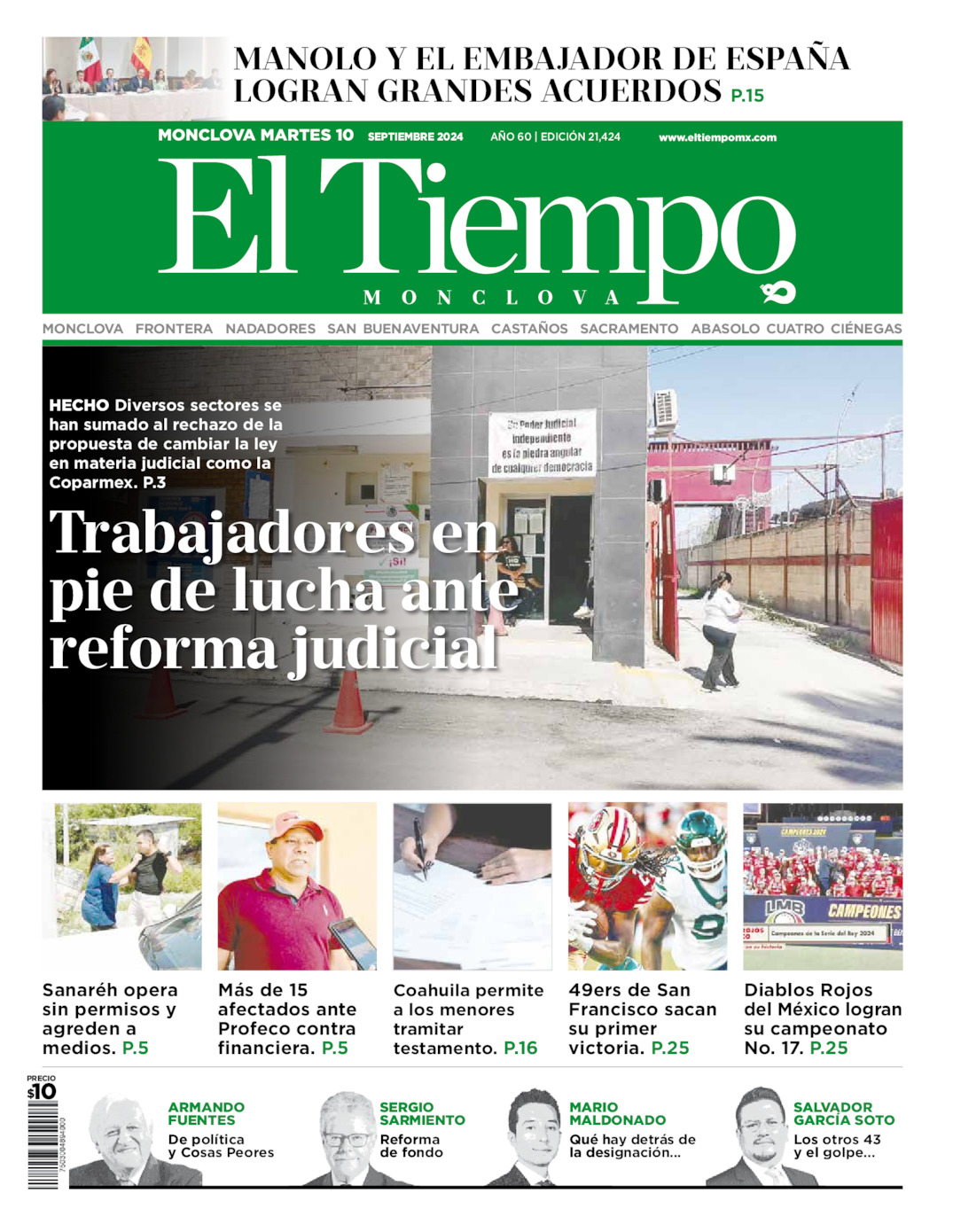 Portada del martes 10 de septiembre de 2024, El Tiempo de Monclova