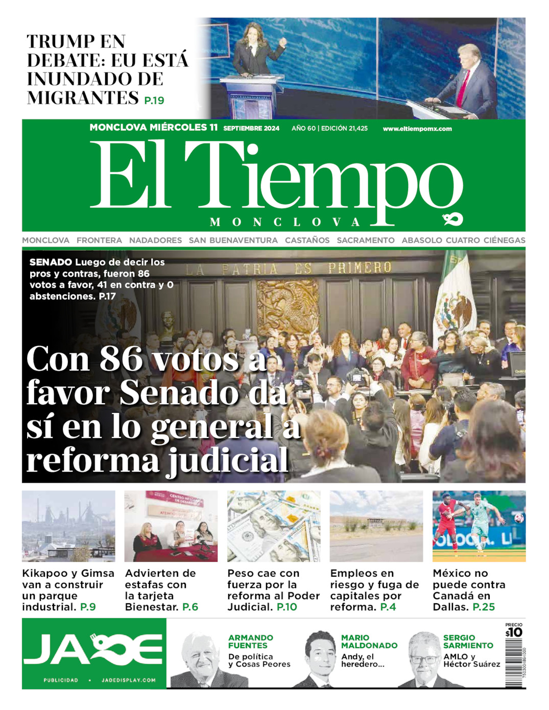 Portada del miércoles 11 de septiembre de 2024, El Tiempo de Monclova