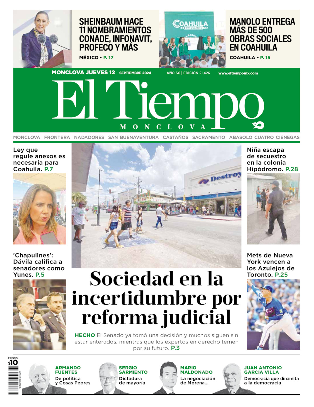 Edición impresa: Portada del jueves 12 de septiembre de 2024, El Tiempo de Monclova