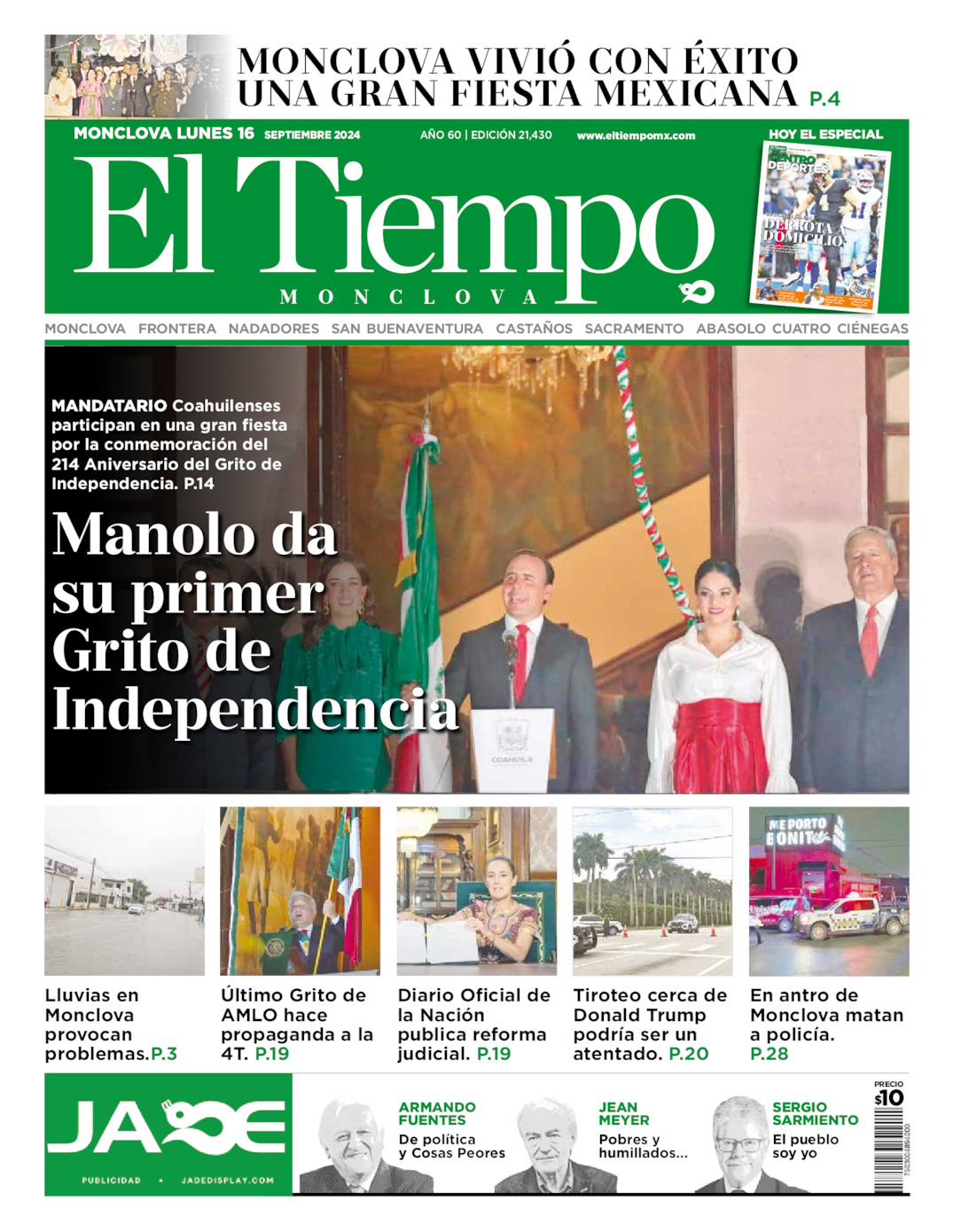 Edición impresa: Portada del lunes 16 de septiembre de 2024, El Tiempo de Monclova