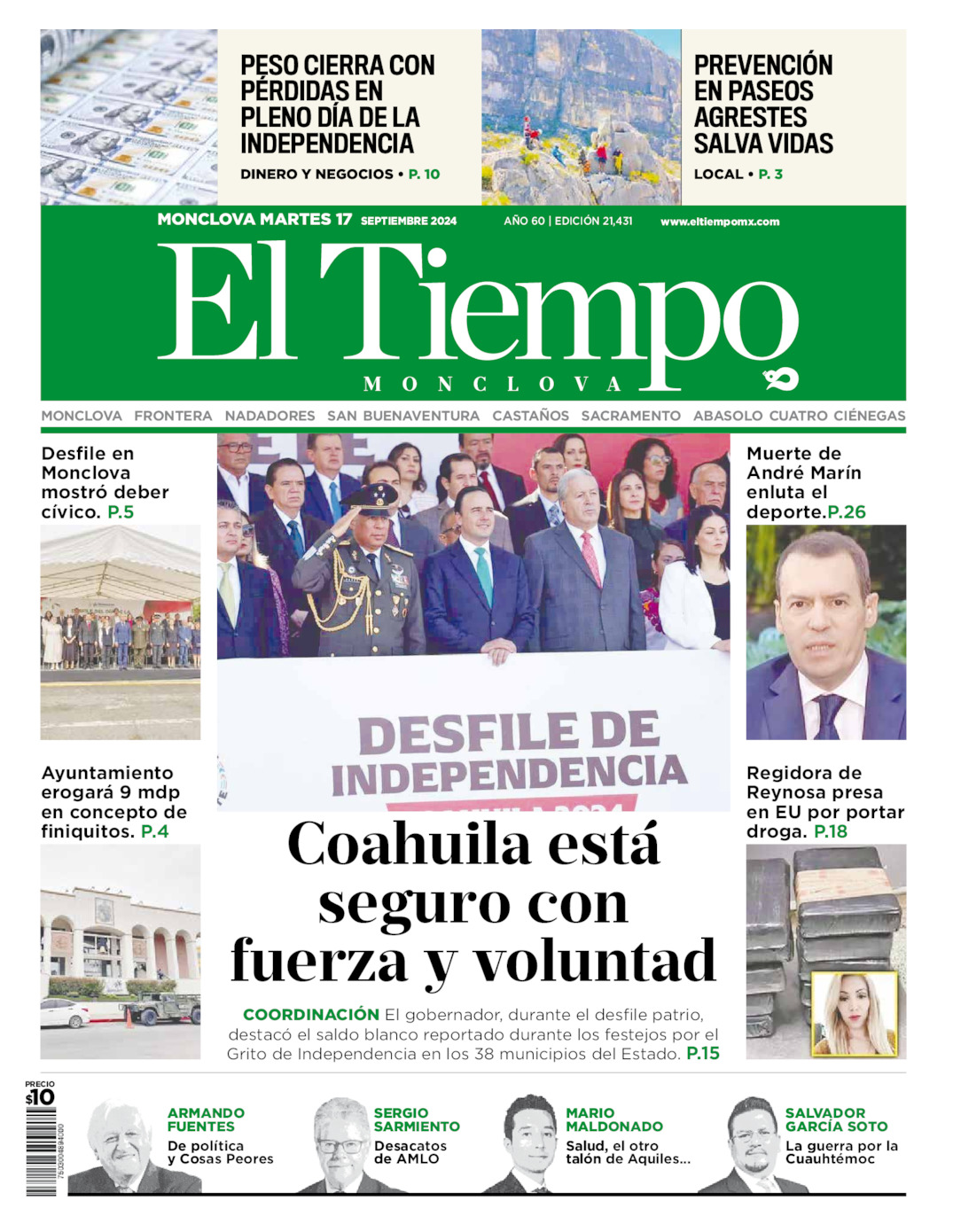 Edición impresa: Portada del martes 17 de septiembre de 2024, El Tiempo de Monclova