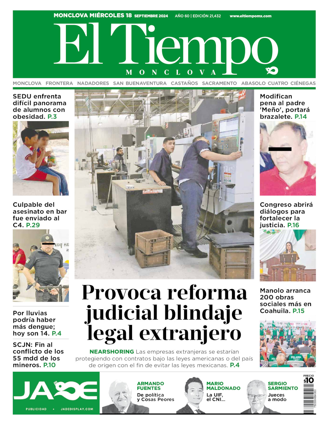 Portada del miércoles 18 de septiembre de 2024, El Tiempo de Monclova