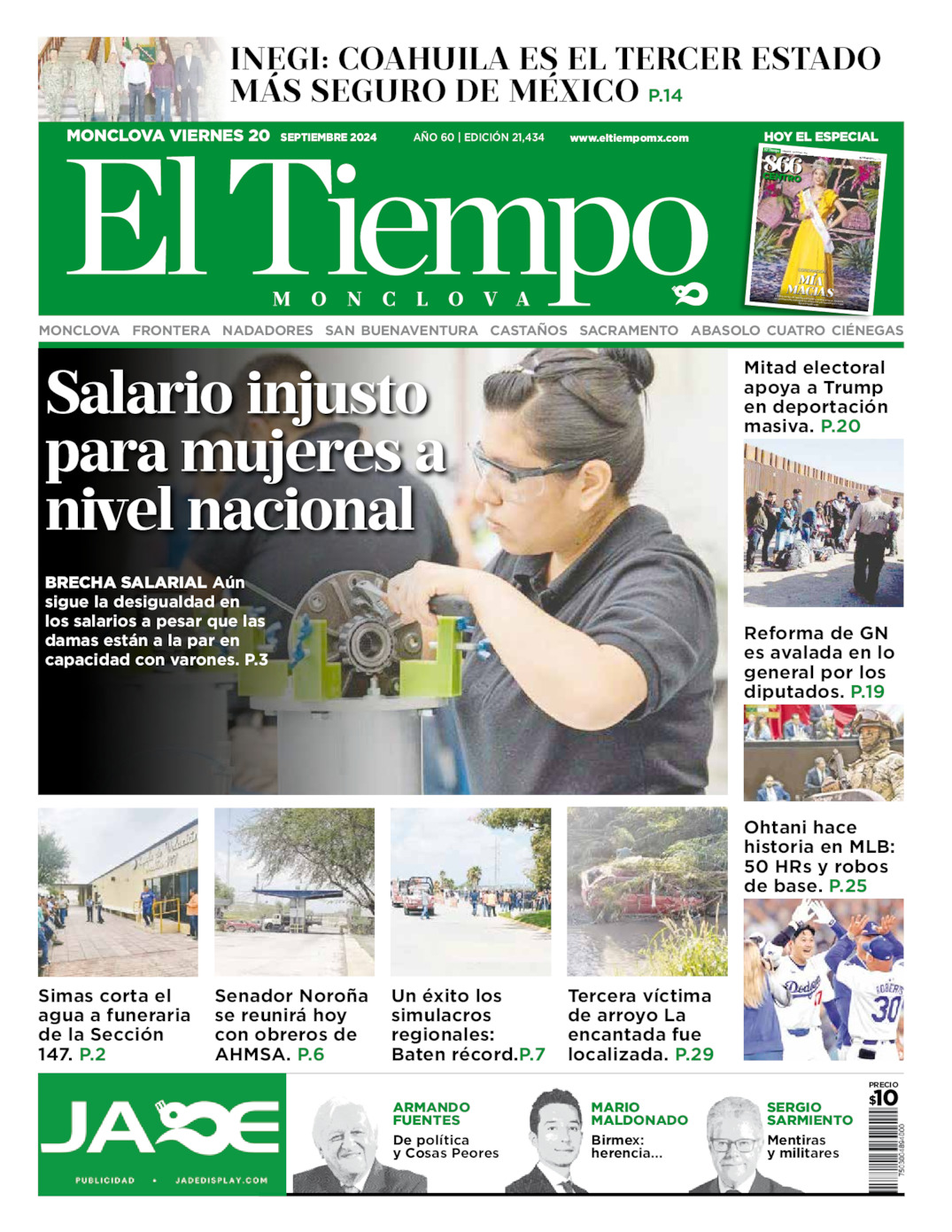 Portada del viernes 20 de septiembre de 2024, El Tiempo de Monclova