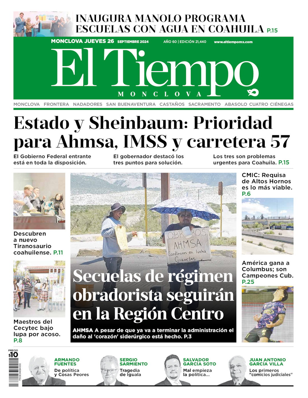 Edición impresa: Portada del jueves 26 de septiembre de 2024, El Tiempo de <strong>Monclova</strong>