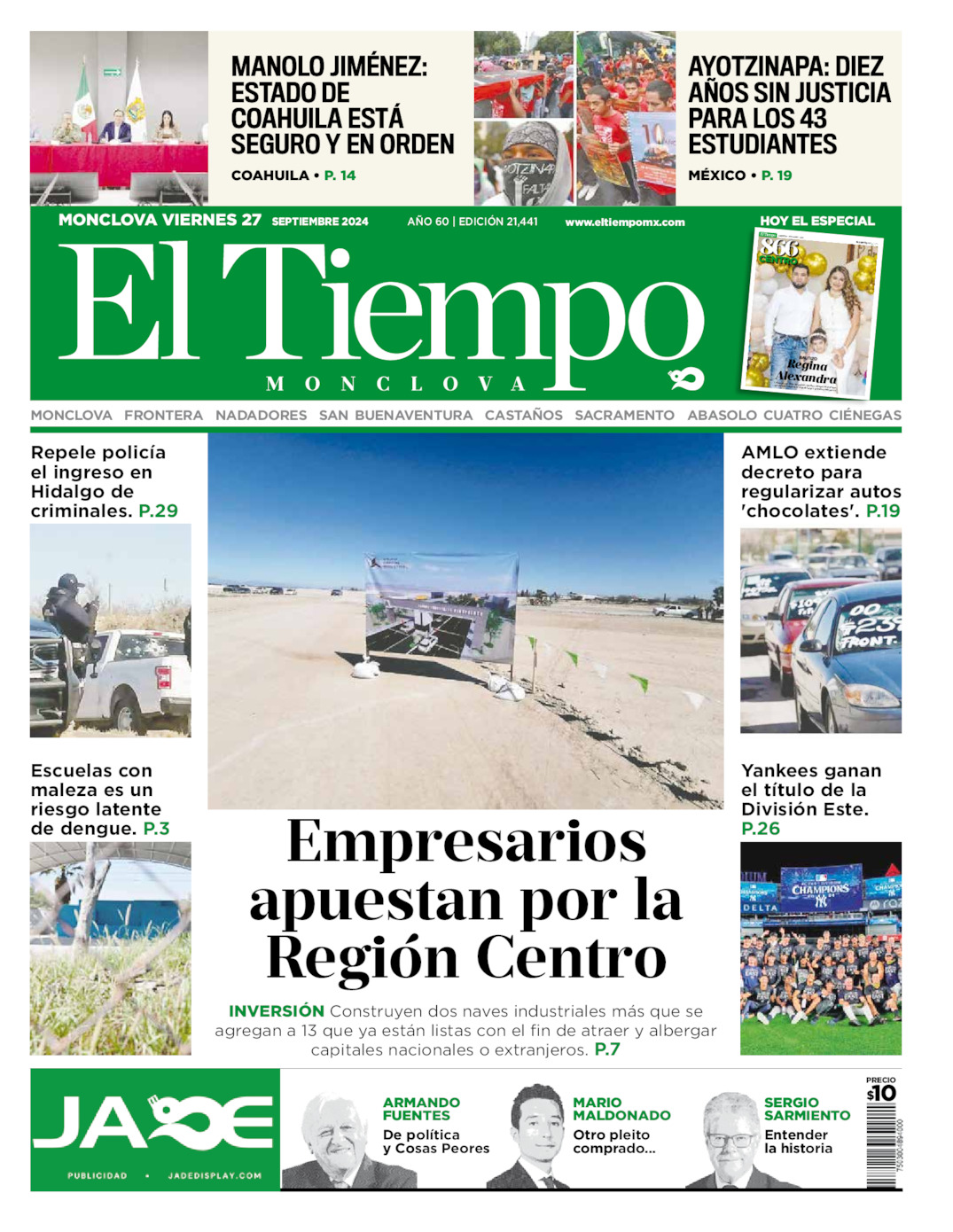 Edición impresa: Portada del viernes 27 de septiembre de 2024, El Tiempo de <strong>Monclova</strong>