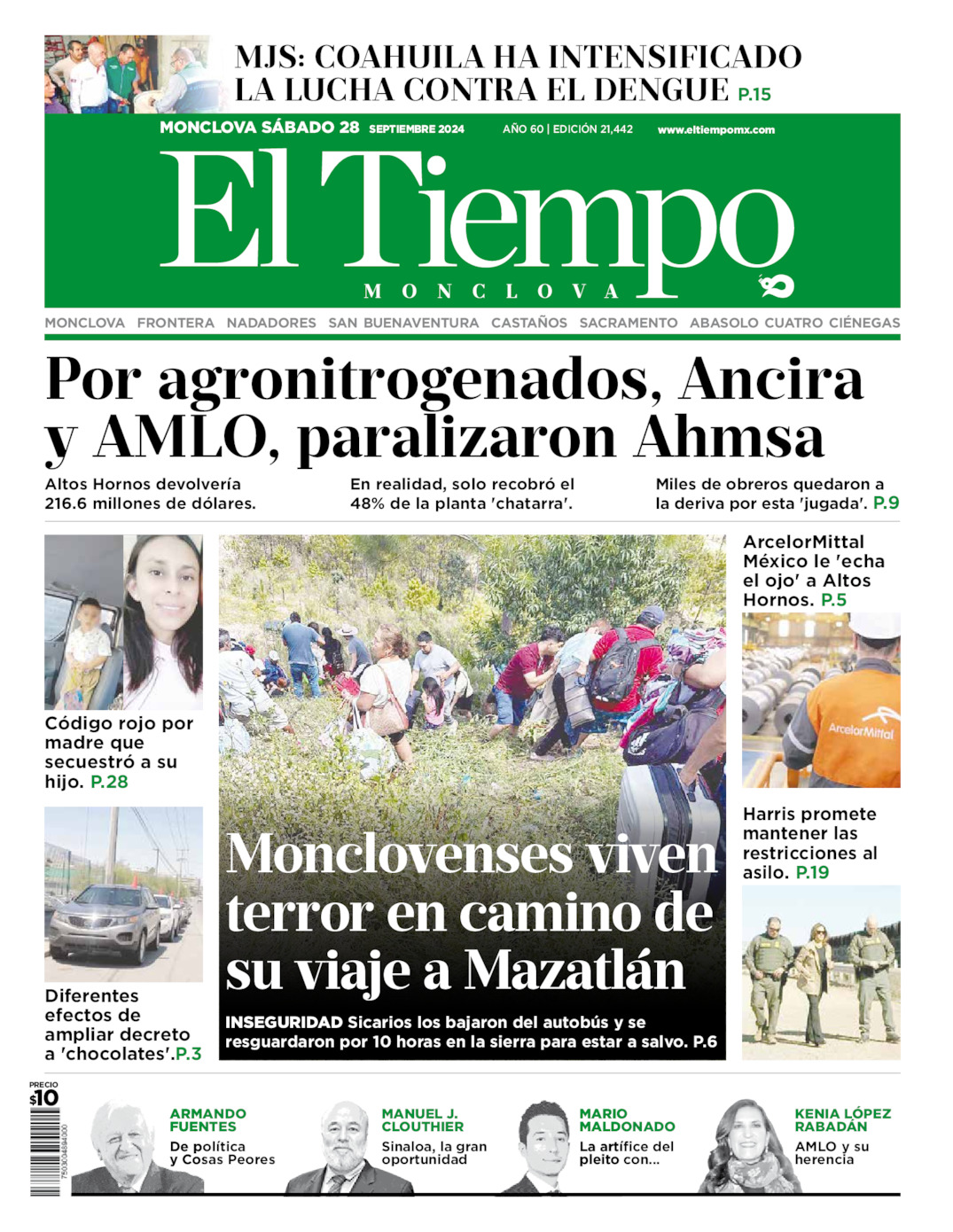 Edición impresa: Portada del sábado 28 de septiembre de 2024, El Tiempo de <strong>Monclova</strong>