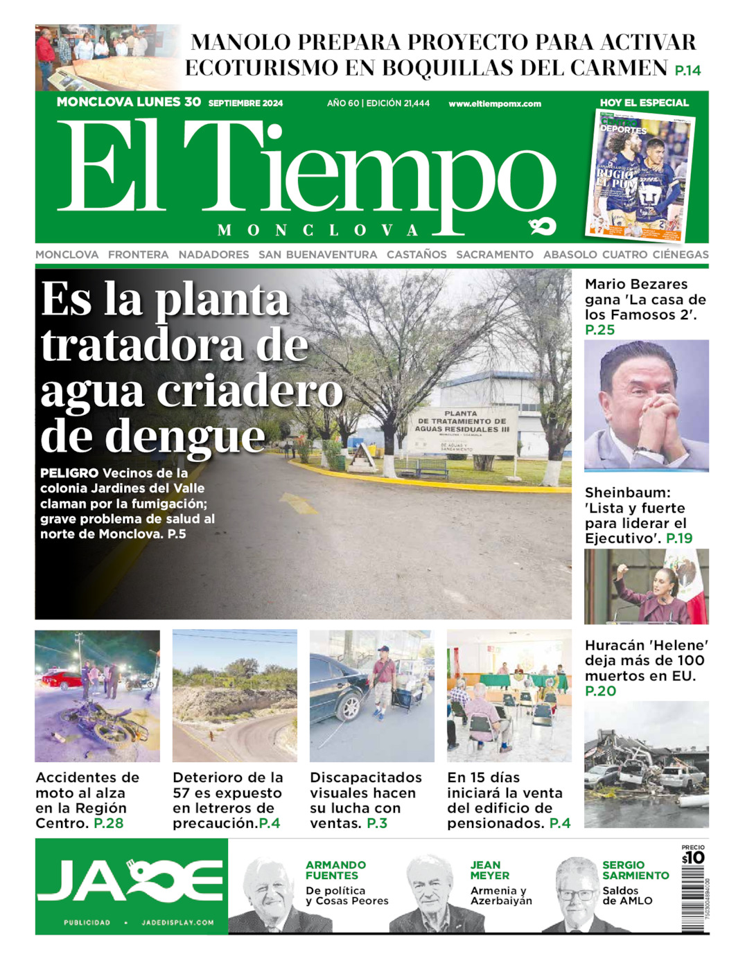 Edición impresa: Portada del lunes 30 de septiembre de 2024, El Tiempo de <strong>Monclova</strong>