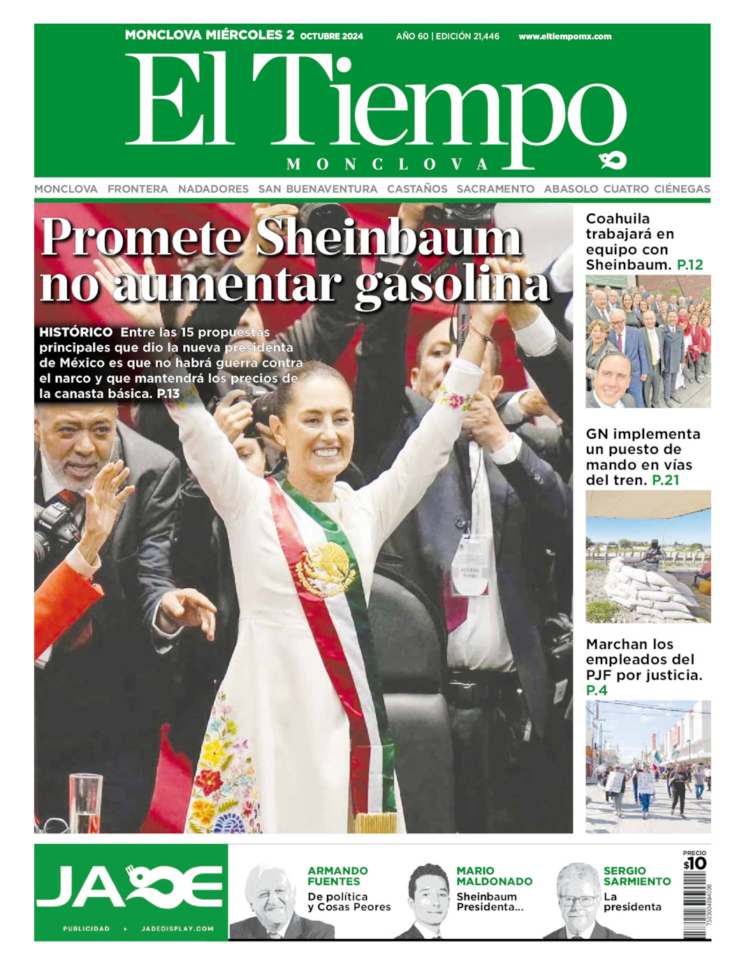 Edición impresa: Portada del miércoles 02 de octubre de 2024, El Tiempo de <strong>Monclova</strong>