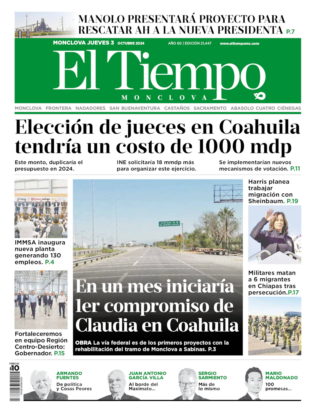 Edición impresa: Portada del jueves 03 de octubre de 2024, El Tiempo de <strong>Monclova</strong>