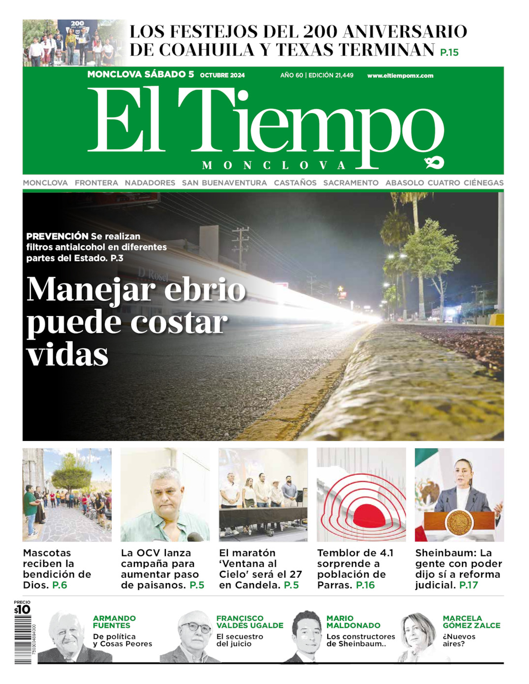 Edición impresa: Portada del sábado 05 de octubre de 2024, El Tiempo de <strong>Monclova</strong>