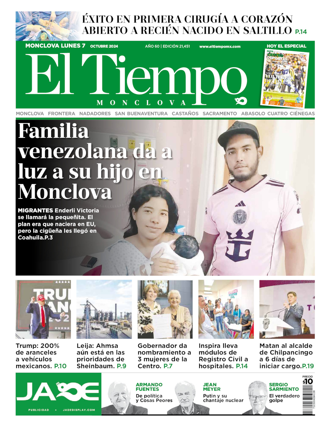 Edición impresa: Portada del lunes 07 de octubre de 2024, El Tiempo de <strong>Monclova</strong>