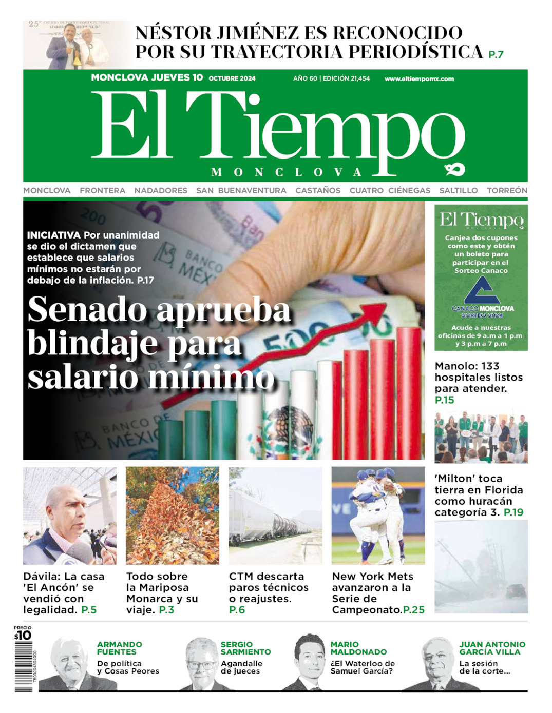 Edición impresa: Portada del jueves 10 de octubre de 2024, El Tiempo de <strong>Monclova</strong>