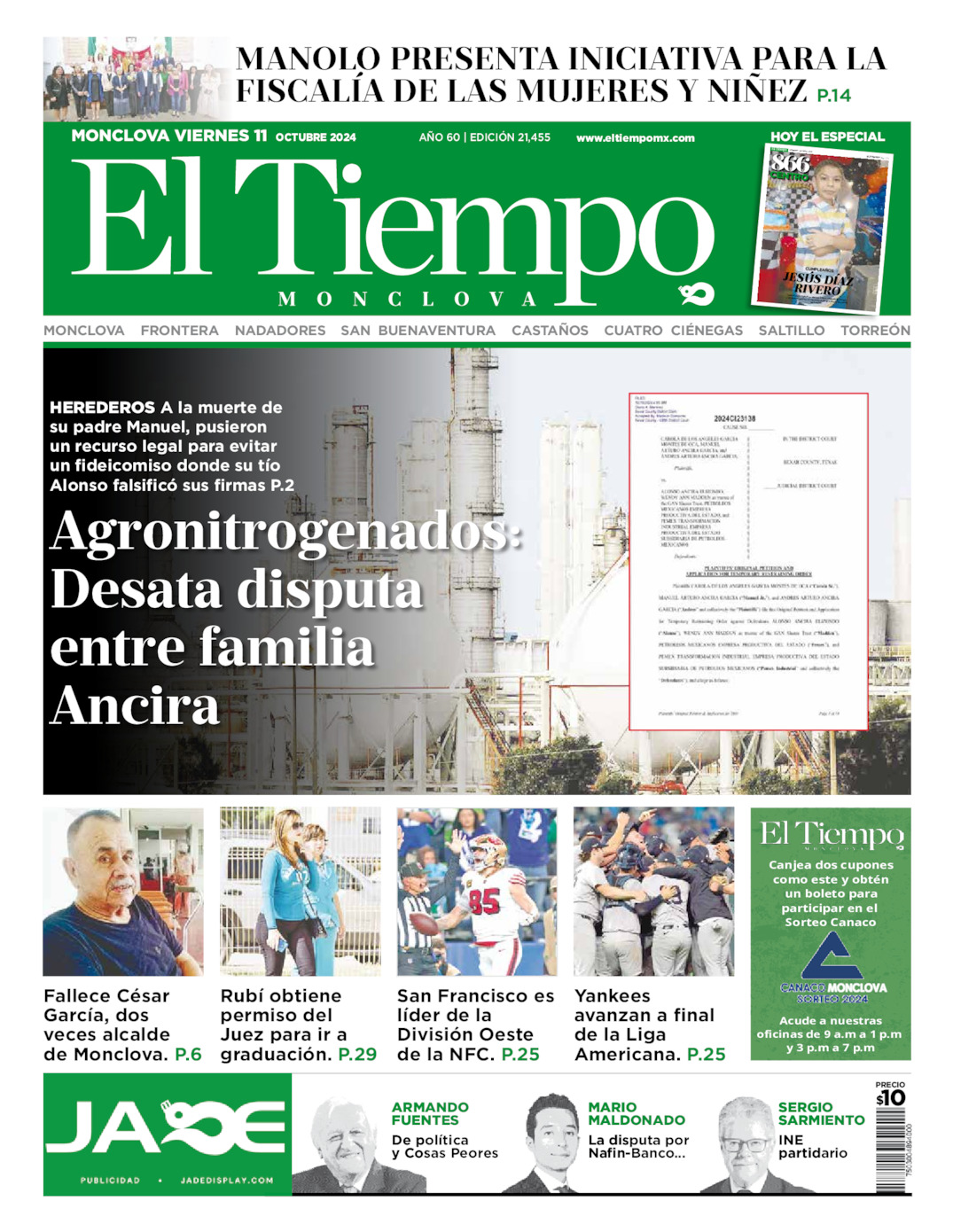 Edición impresa: Portada del viernes 11 de octubre de 2024, El Tiempo de <strong>Monclova</strong>