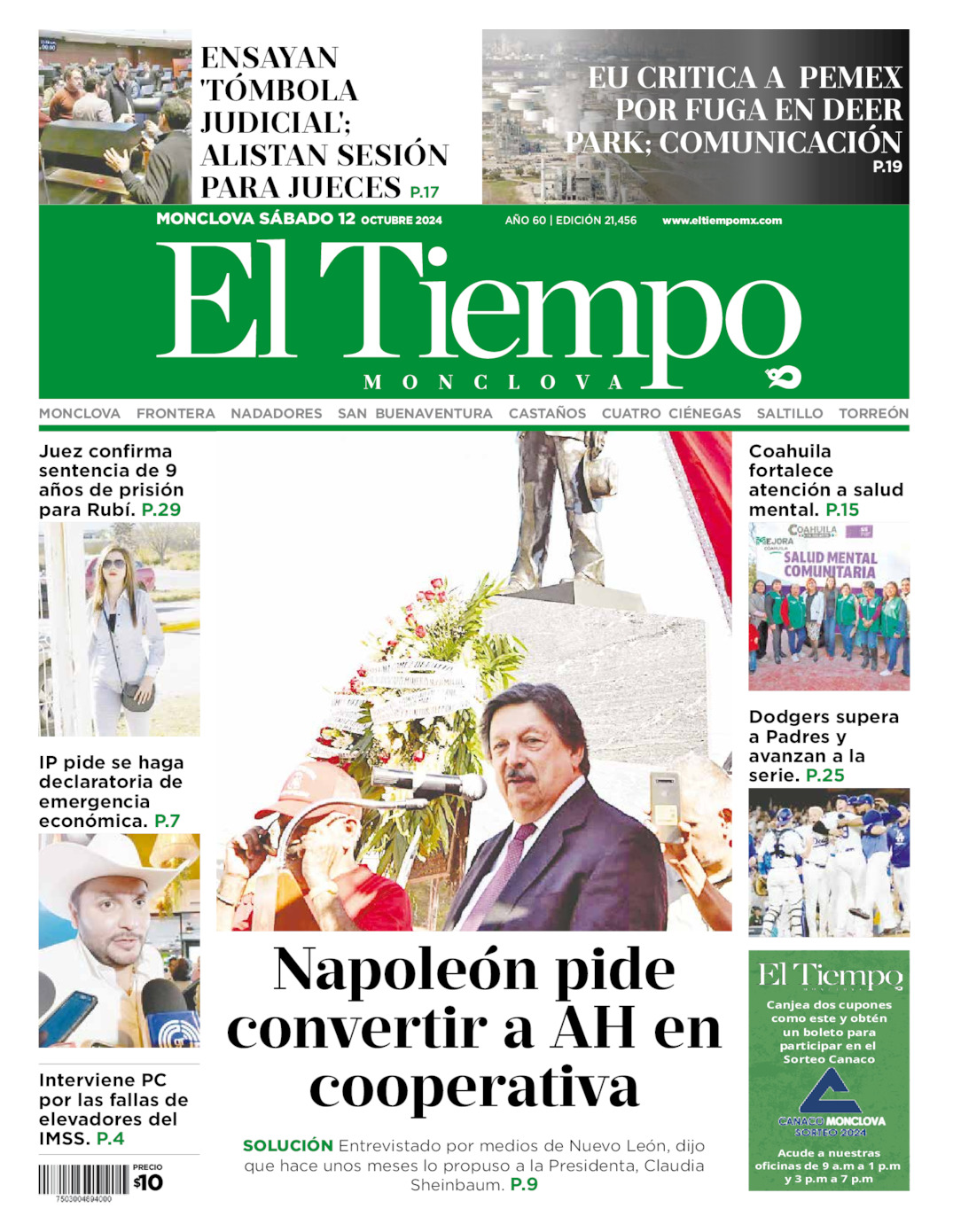 Edición impresa: Portada del sábado 12 de octubre de 2024, El Tiempo de <strong>Monclova</strong>