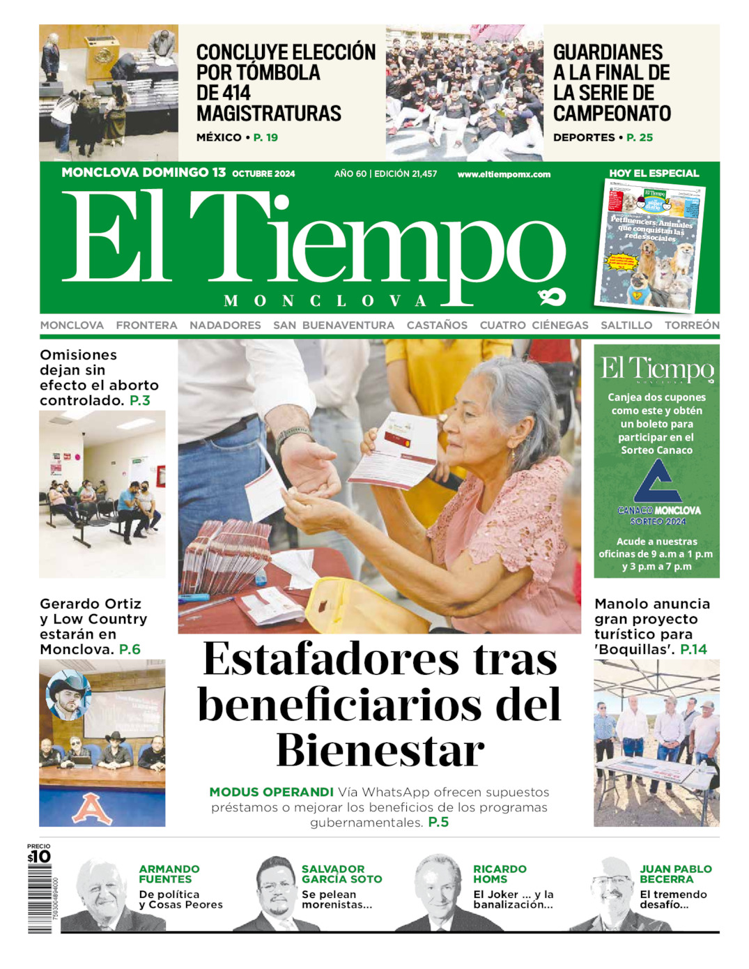 Edición impresa: Portada del domingo 13 de octubre de 2024, El Tiempo de <strong>Monclova</strong>