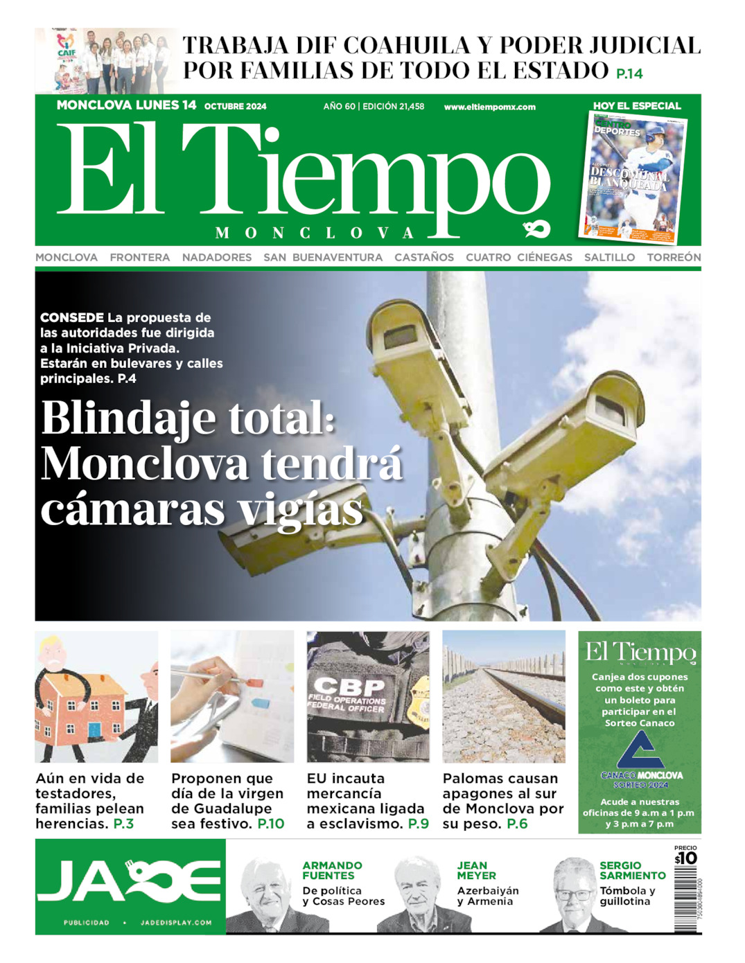 Edición impresa: Portada del lunes 14 de octubre de 2024, El Tiempo de <strong>Monclova</strong>