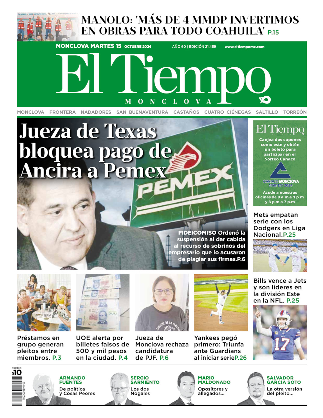 Edición impresa: Portada del martes 15 de octubre de 2024, El Tiempo de <strong>Monclova</strong>