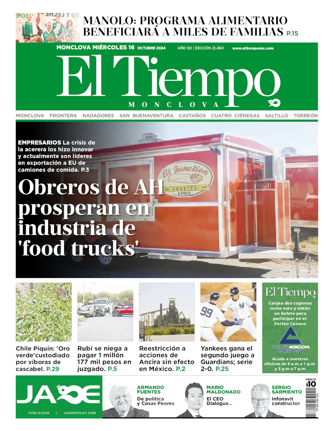 Edición impresa: Portada del miércoles 16 de octubre de 2024, El Tiempo de <strong>Monclova</strong>