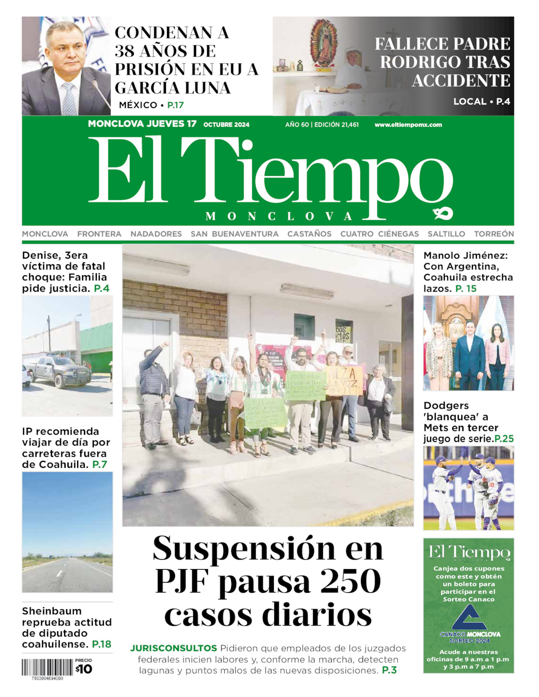 Edición impresa: Portada del jueves 17 de octubre de 2024, El Tiempo de <strong>Monclova</strong>