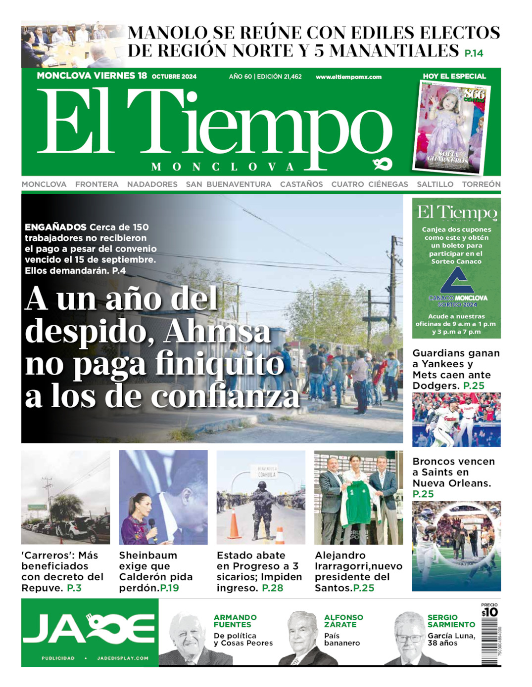 Edición impresa: Portada del viernes 18 de octubre de 2024, El Tiempo de <strong>Monclova</strong>