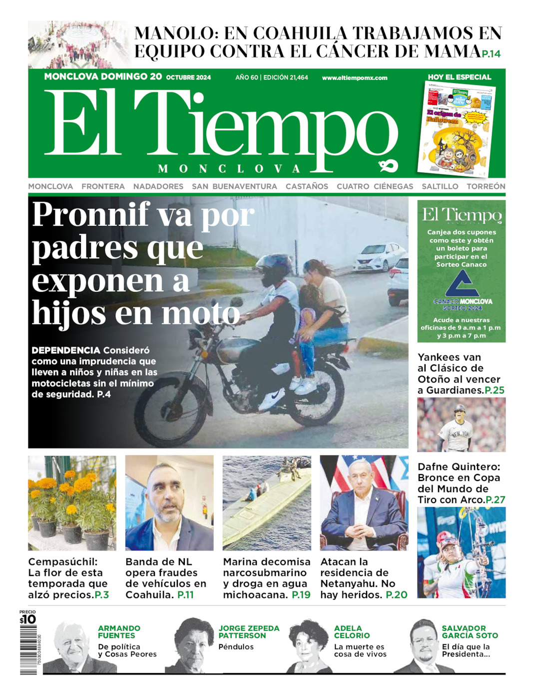 Edición impresa: Portada del domingo 20 de octubre de 2024, El Tiempo de <strong>Monclova</strong>