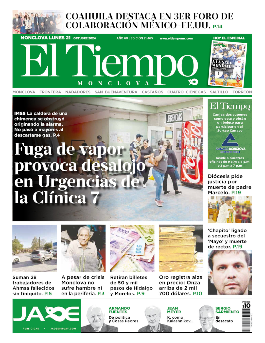 Portada del lun 21 de octubre de 2024