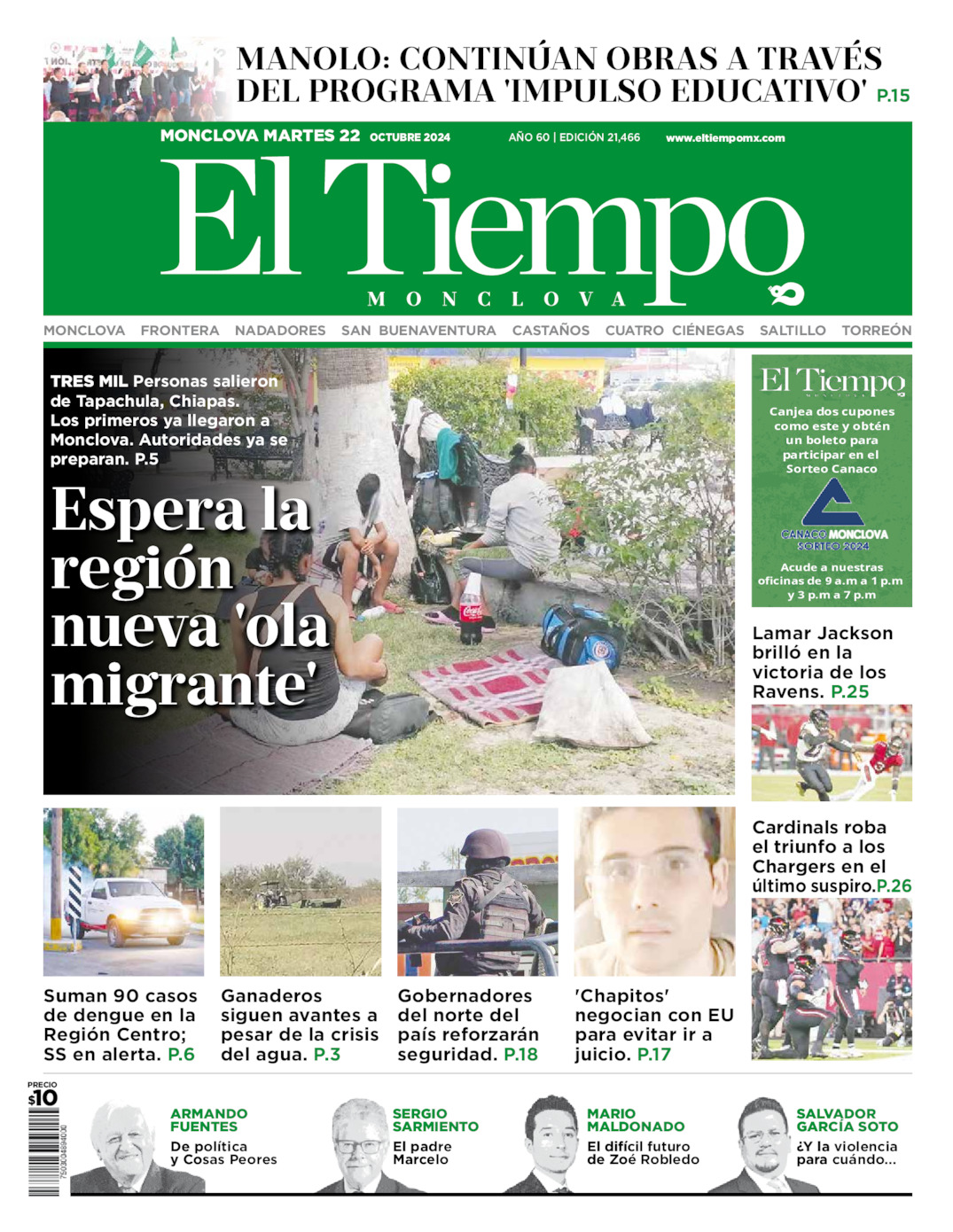 Edición impresa: Portada del martes 22 de octubre de 2024, El Tiempo de <strong>Monclova</strong>