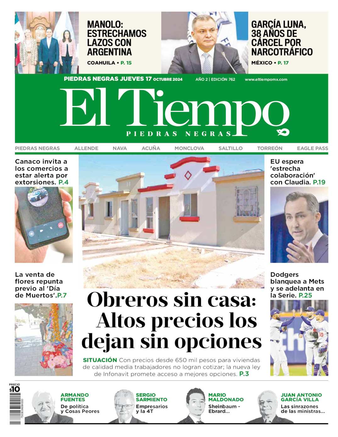 Edición impresa: Portada del jueves 17 de octubre de 2024, El Tiempo de <strong>Piedras Negras</strong>