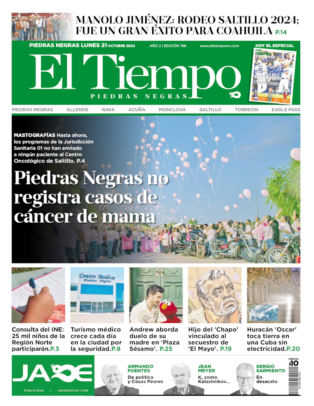 Edición impresa: Portada del lunes 21 de octubre de 2024, El Tiempo de <strong>Piedras Negras</strong>