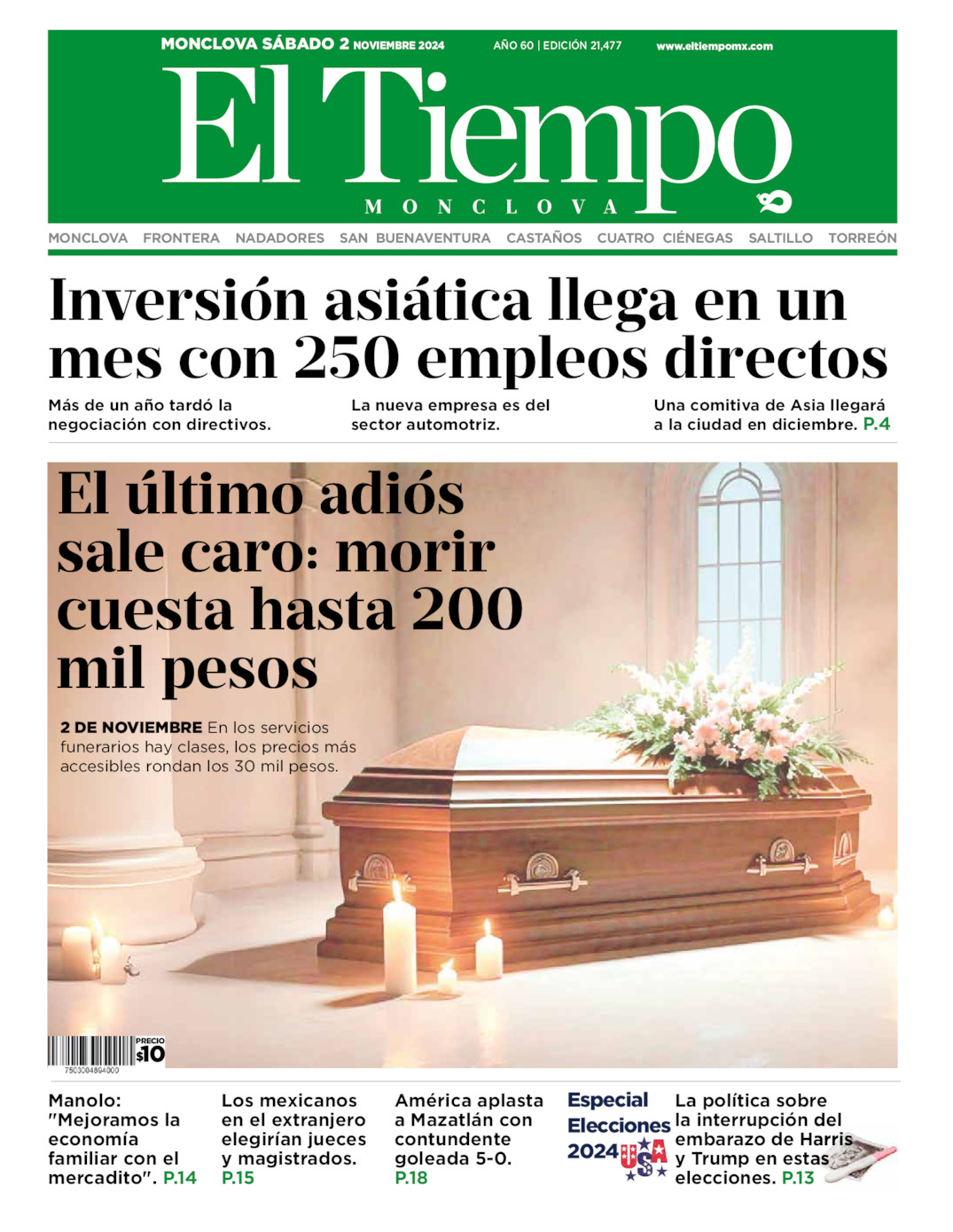 Edición impresa: Portada del sábado 02 de noviembre de 2024, El Tiempo de <strong>Monclova</strong>