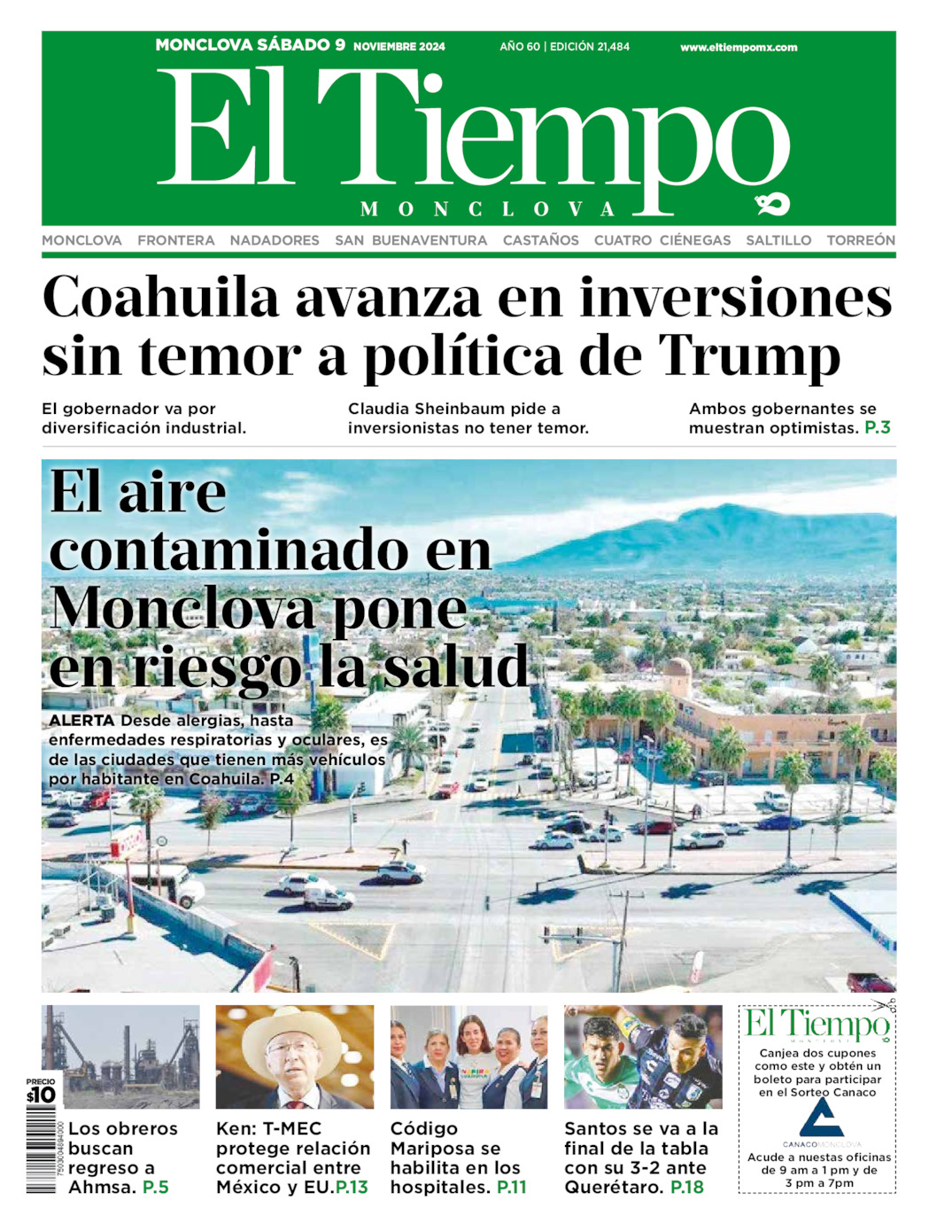 Edición impresa: Portada del sábado 09 de noviembre de 2024, El Tiempo de <strong>Monclova</strong>