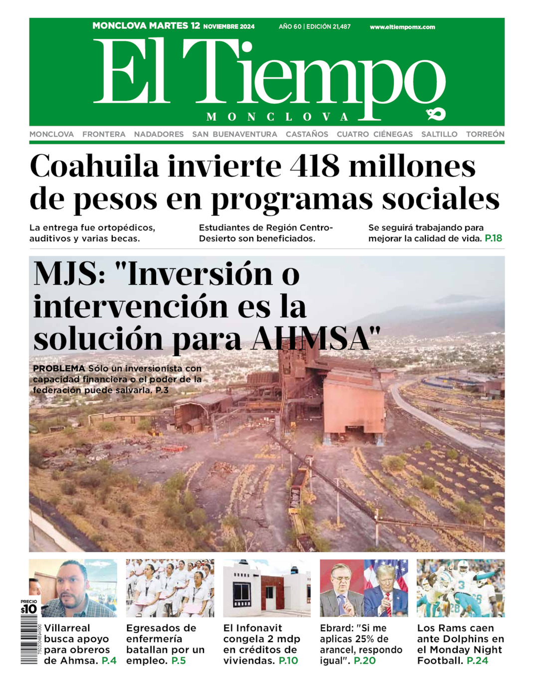 Edición impresa: Portada del martes 12 de noviembre de 2024, El Tiempo de <strong>Monclova</strong>