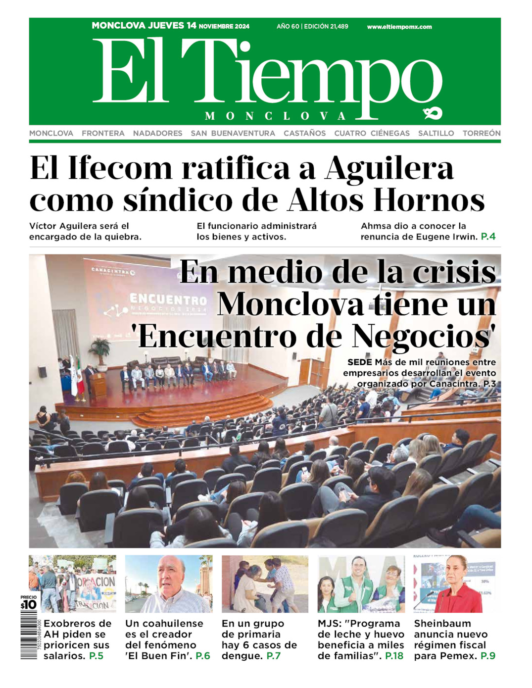 Edición impresa: Portada del jueves 14 de noviembre de 2024, El Tiempo de <strong>Monclova</strong>