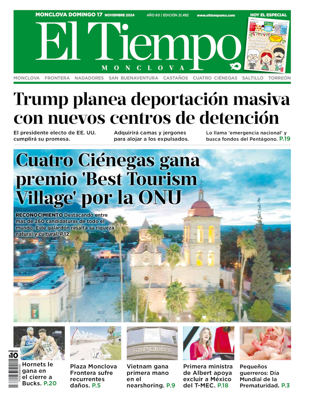 Edición impresa: Portada del domingo 17 de noviembre de 2024, El Tiempo de <strong>Monclova</strong>