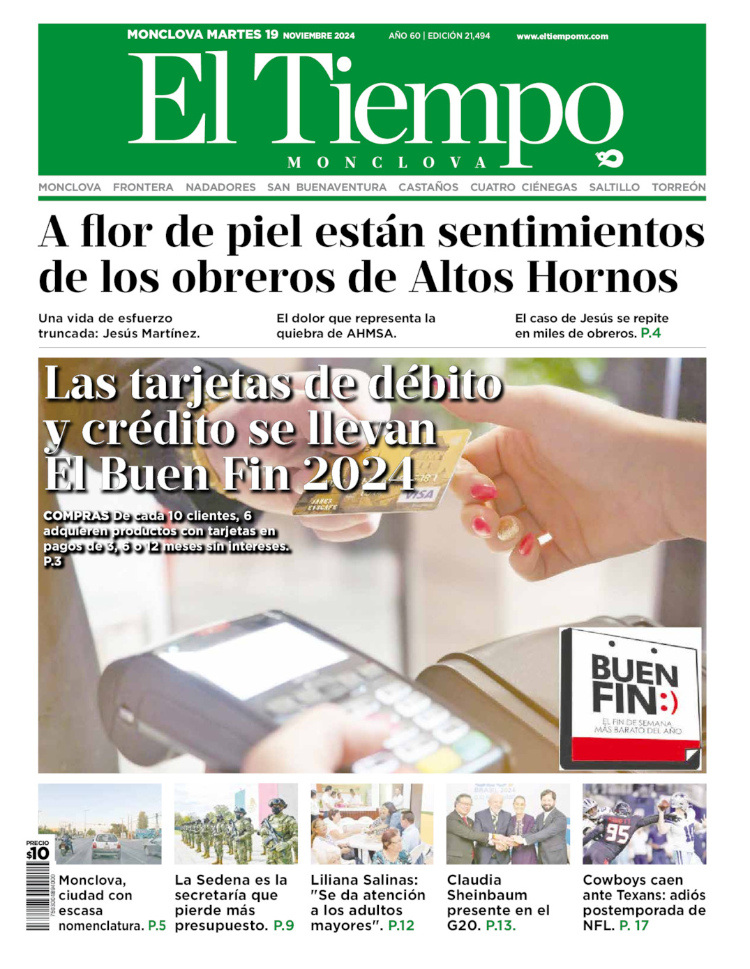 Edición impresa: Portada del martes 19 de noviembre de 2024, El Tiempo de <strong>Monclova</strong>