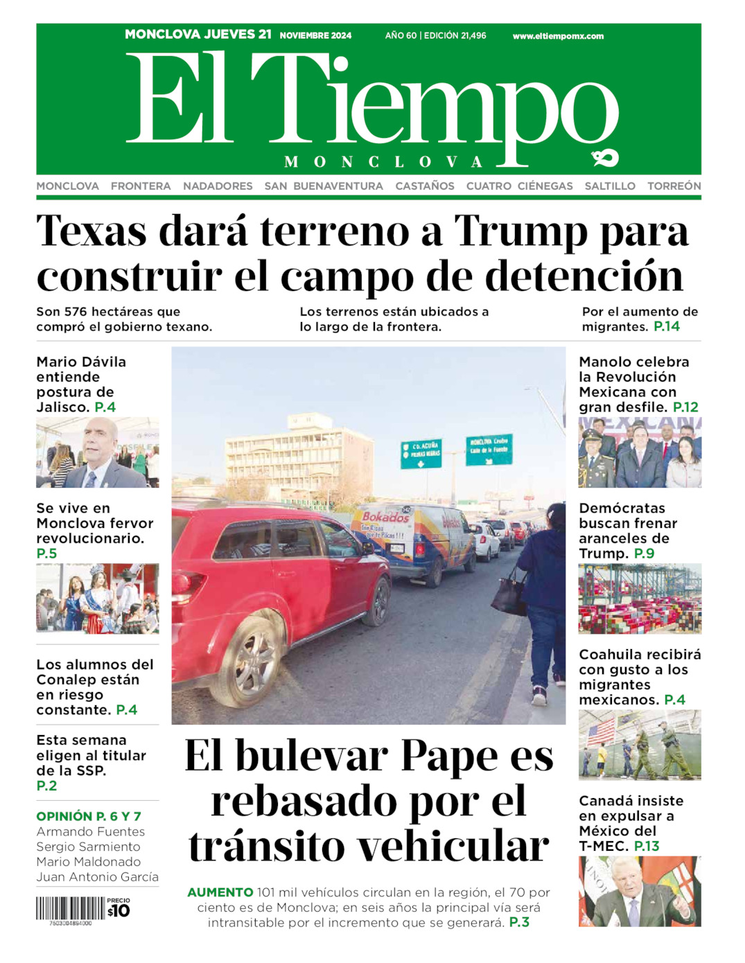 Edición impresa: Portada del jueves 21 de noviembre de 2024, El Tiempo de <strong>Monclova</strong>