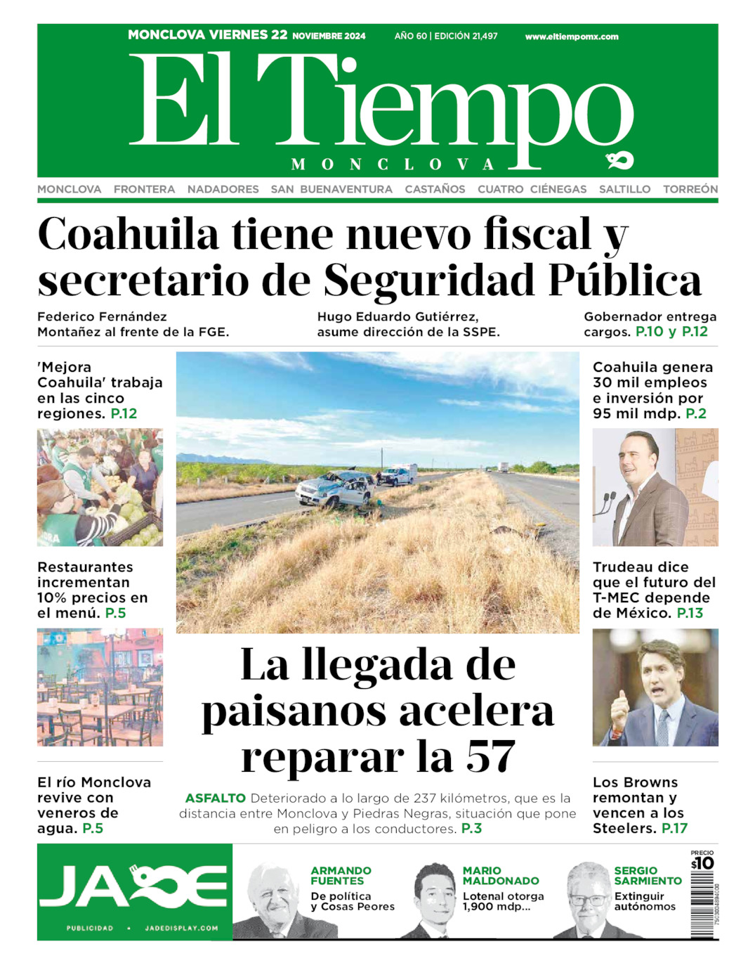 Edición impresa: Portada del viernes 22 de noviembre de 2024, El Tiempo de <strong>Monclova</strong>