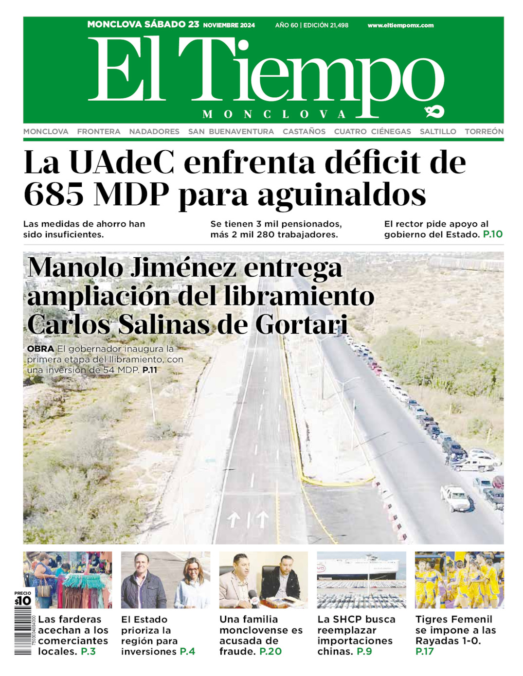 Edición impresa: Portada del sábado 23 de noviembre de 2024, El Tiempo de <strong>Monclova</strong>