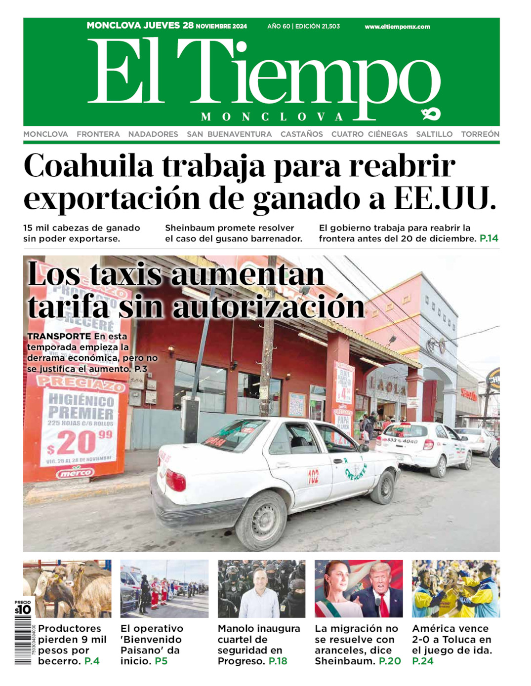 Edición impresa: Portada del jueves 28 de noviembre de 2024, El Tiempo de <strong>Monclova</strong>