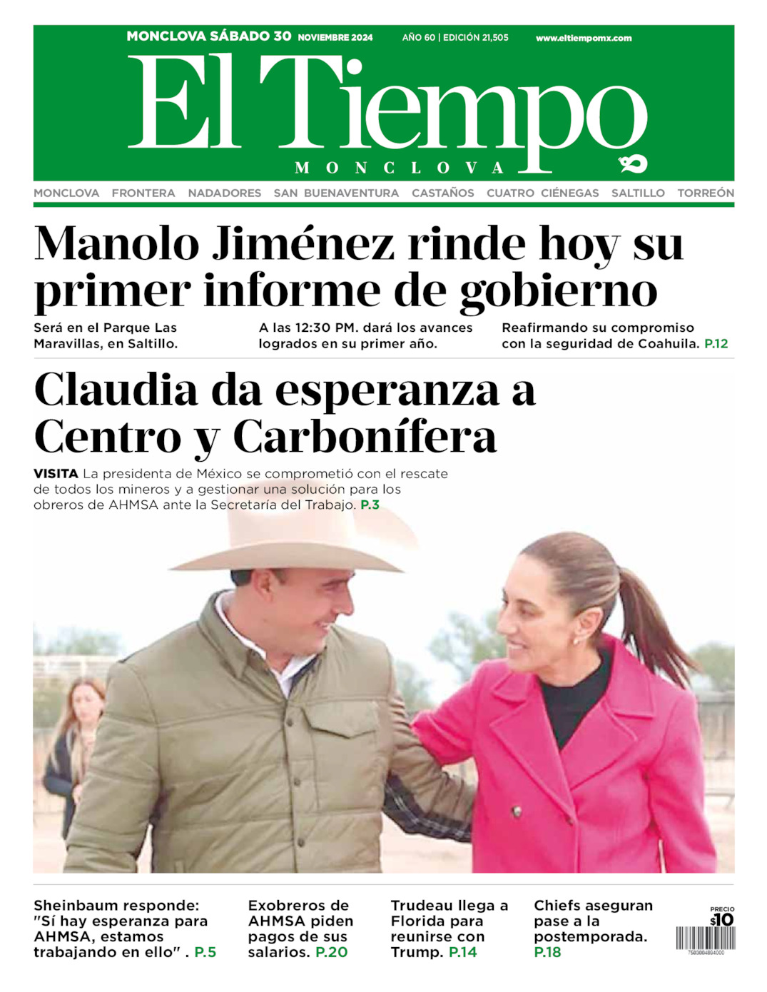 Edición impresa: Portada del sábado 30 de noviembre de 2024, El Tiempo de <strong>Monclova</strong>