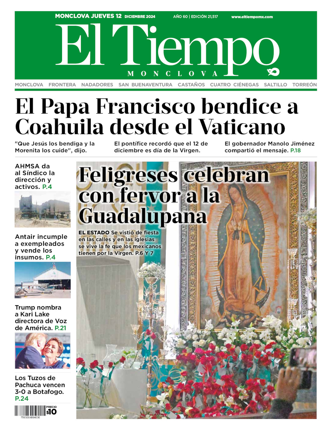 Edición impresa: Portada del jueves 12 de diciembre de 2024, El Tiempo de <strong>Monclova</strong>