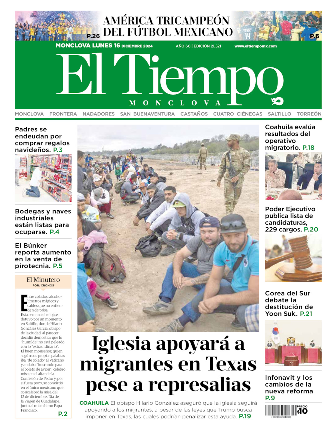 Edición impresa: Portada del lunes 16 de diciembre de 2024, El Tiempo de <strong>Monclova</strong>