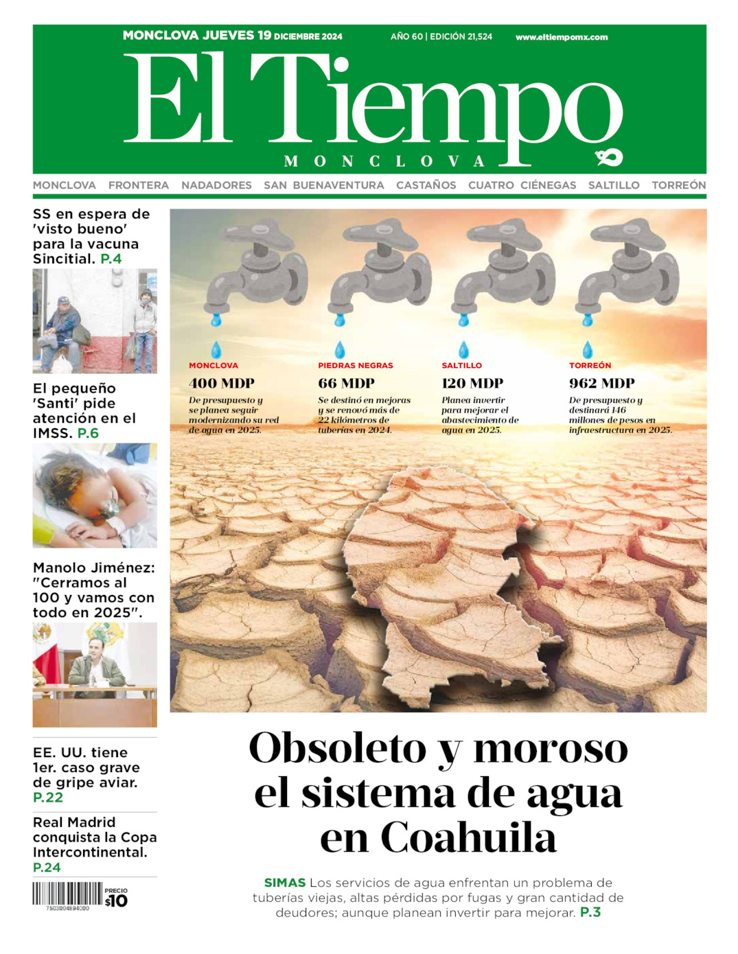 Edición impresa: Portada del jueves 19 de diciembre de 2024, El Tiempo de <strong>Monclova</strong>