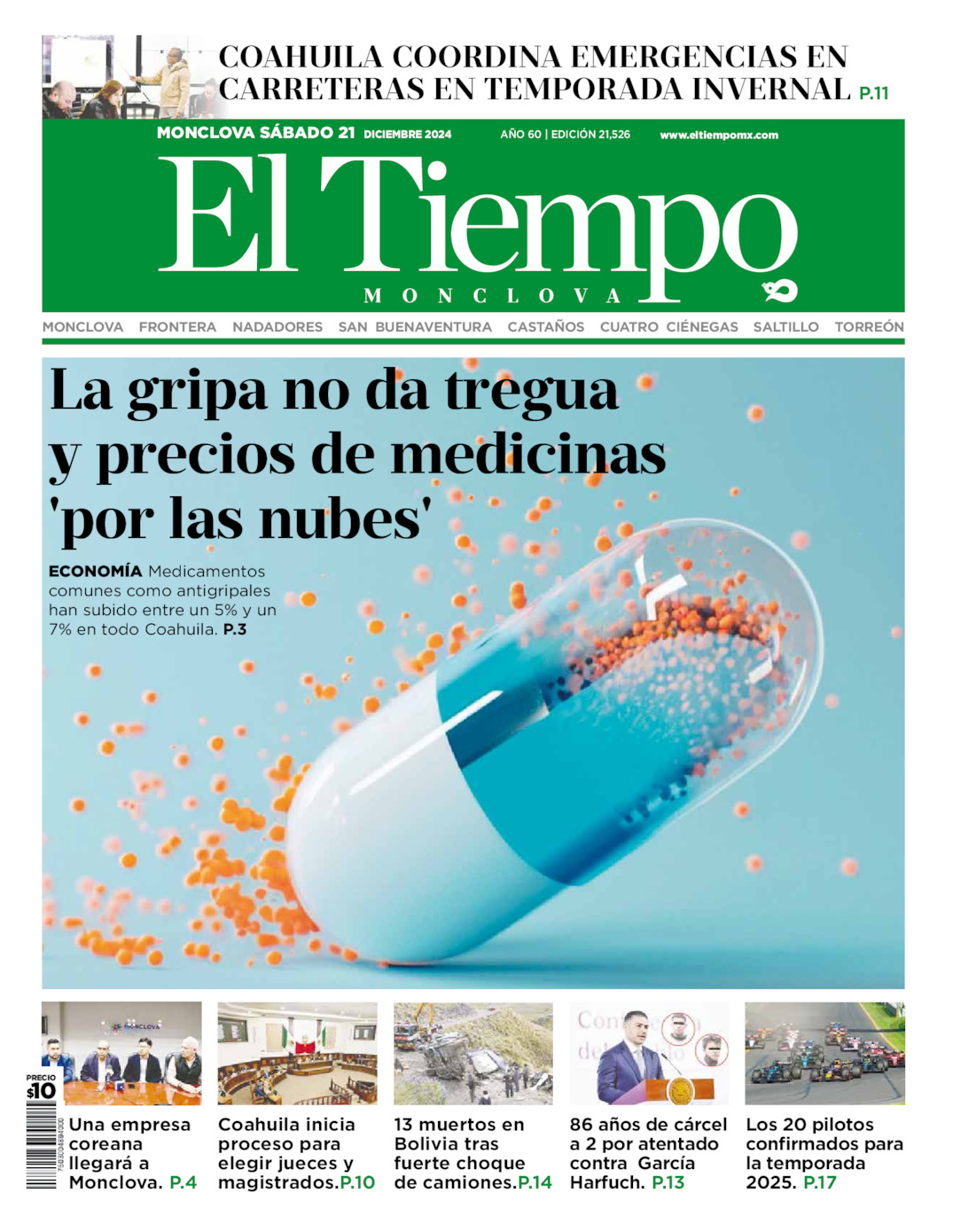 Edición impresa: Portada del sábado 21 de diciembre de 2024, El Tiempo de <strong>Monclova</strong>