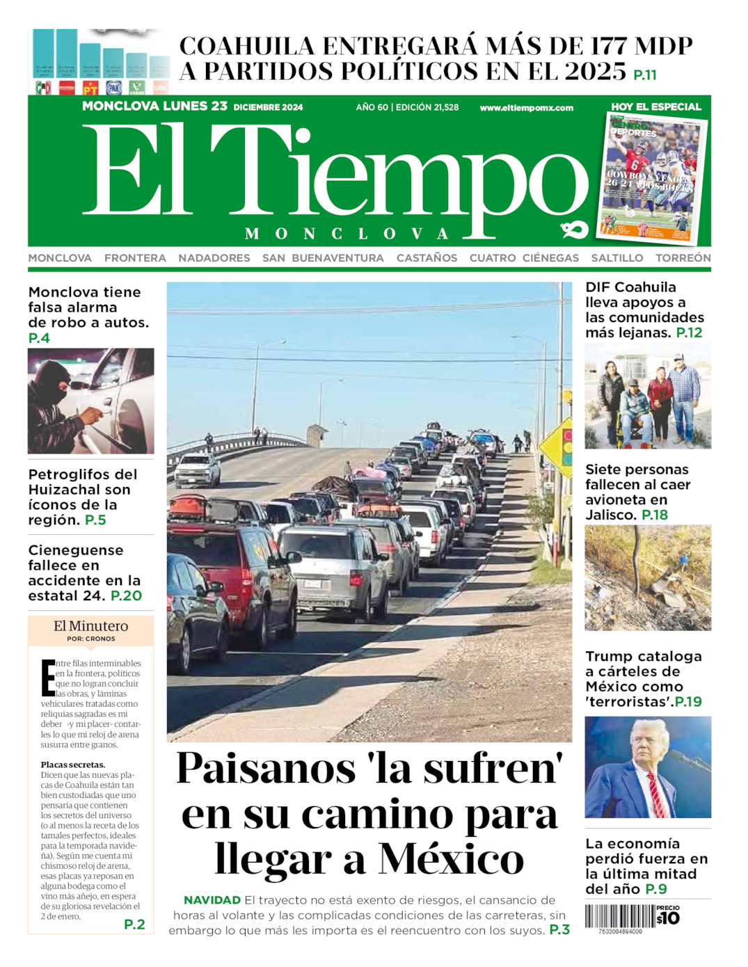 Edición impresa: Portada del lunes 23 de diciembre de 2024, El Tiempo de <strong>Monclova</strong>